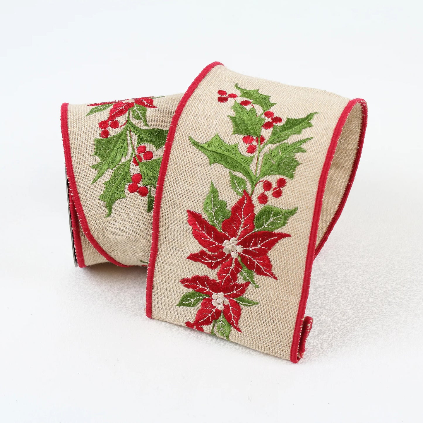 Linen Poinsettia Holly 4" Red & Green