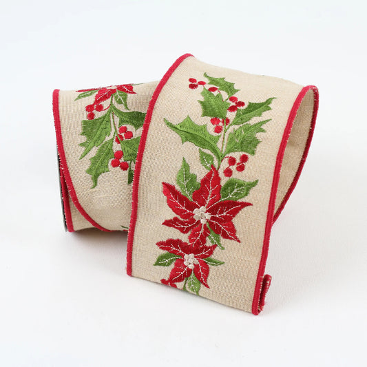 Linen Poinsettia Holly 4" Red & Green
